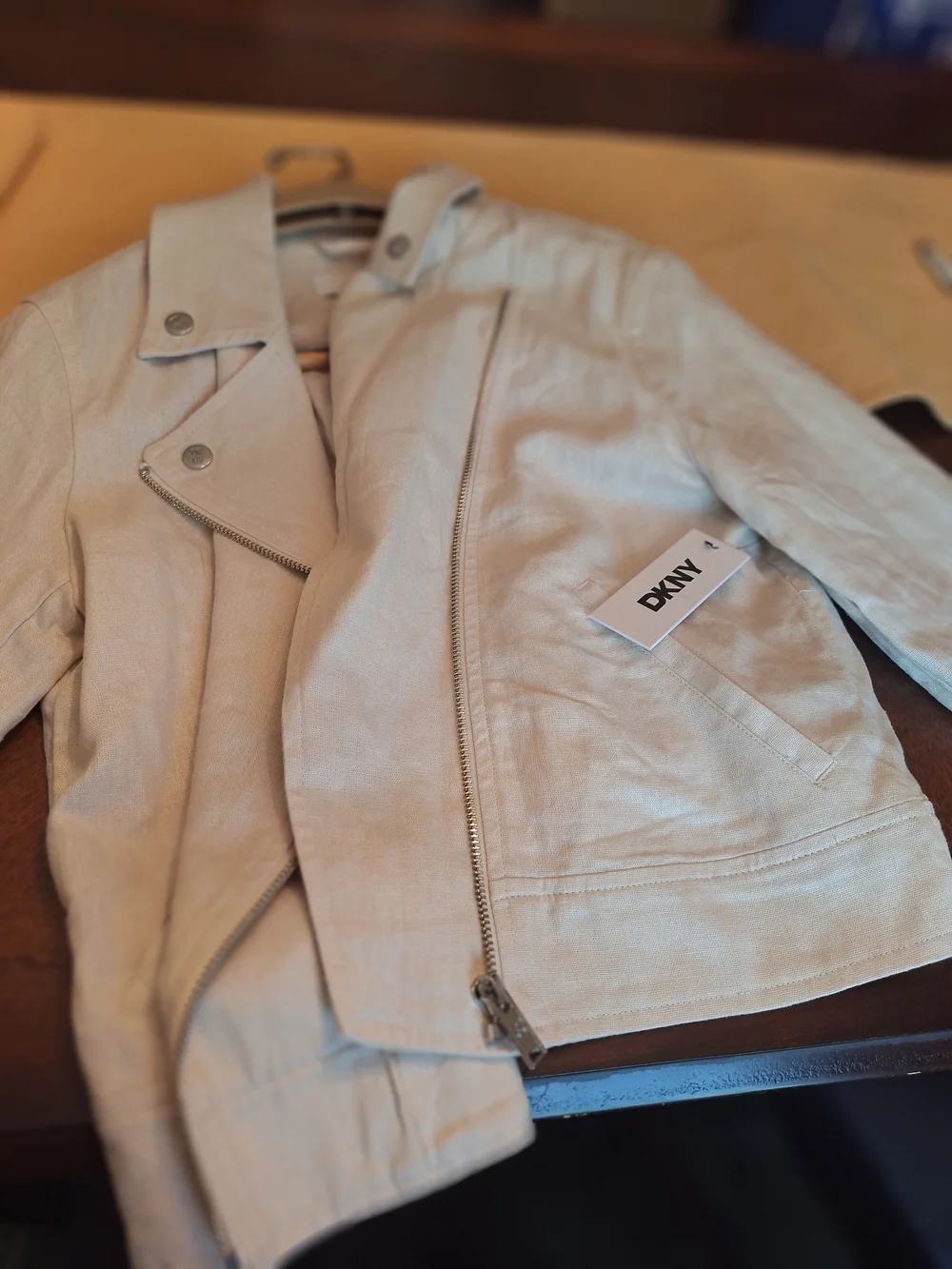 NWT DKNY Linen Women's Cream Moto Jacket Sz S